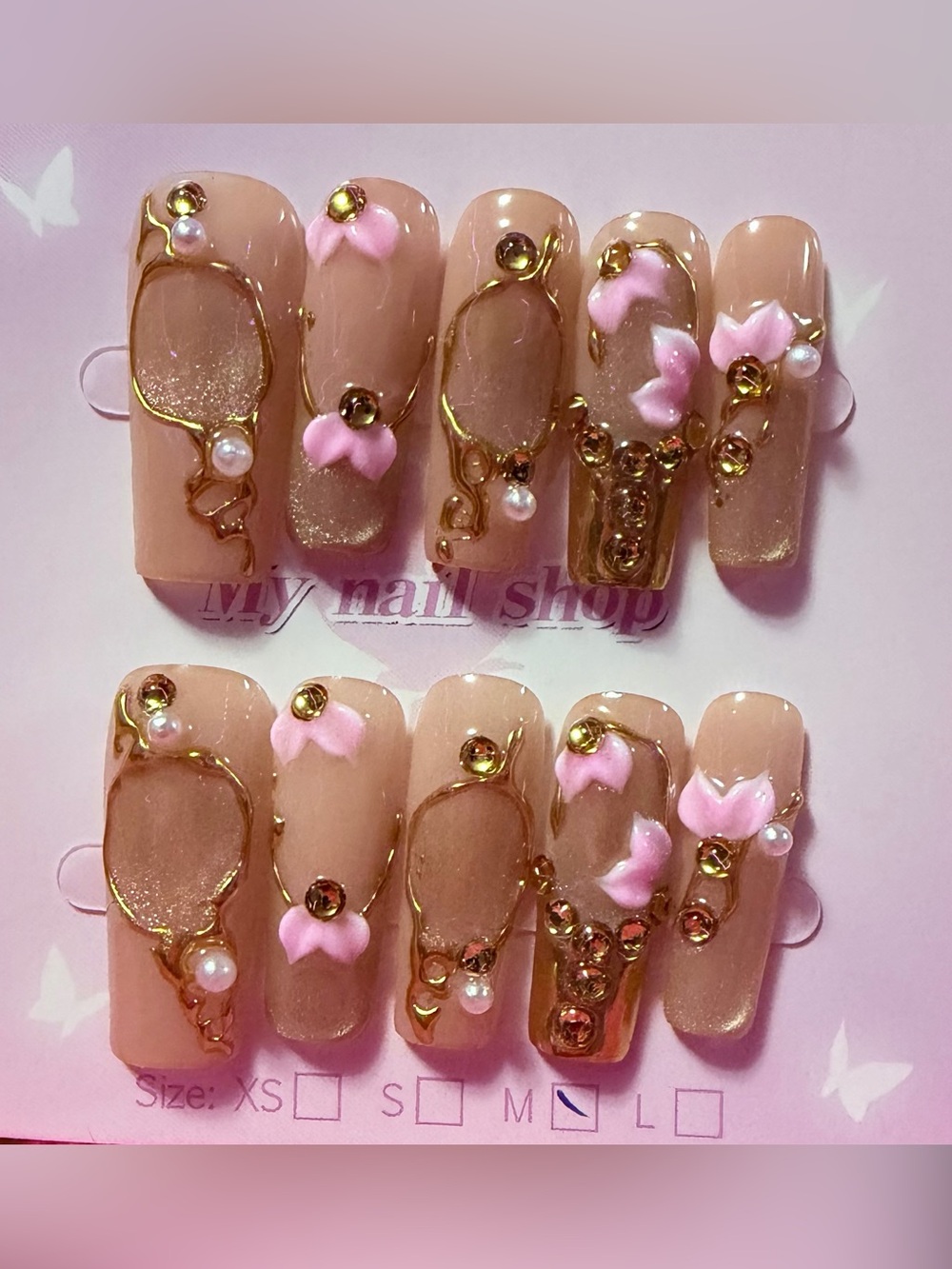 Nude Pink Floral 3D Gel Press-On Nails with Gold Accents